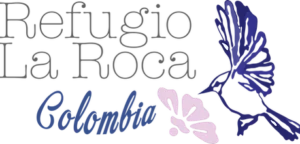 Logo with the text "Refugio La Roca Colombia" and imagery of a blue bird hovering by a pink flower