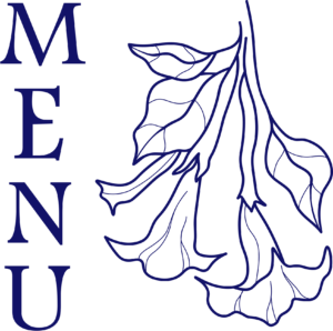 Logo del menu con palabra "Menu" y flores, todos en azul
